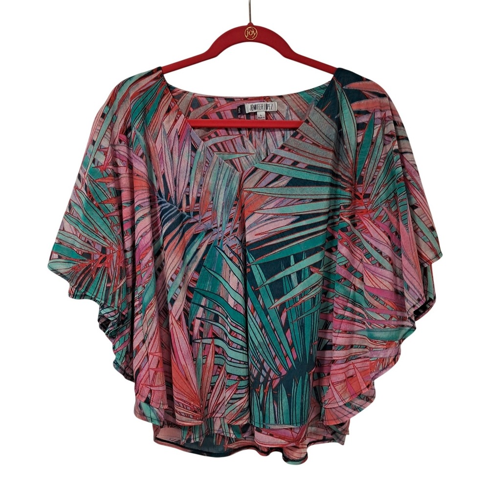 Jennifer‎ Lopez Womens L Pink Teal Tropical Palm Poncho Flutter Sleeve Top